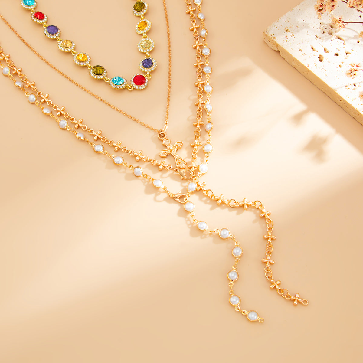 Multi-Colored Crystal and Cubic Zirconia  Pearl Goldtone Cross Lariat Necklace Set, gold pendant necklace for..., side view