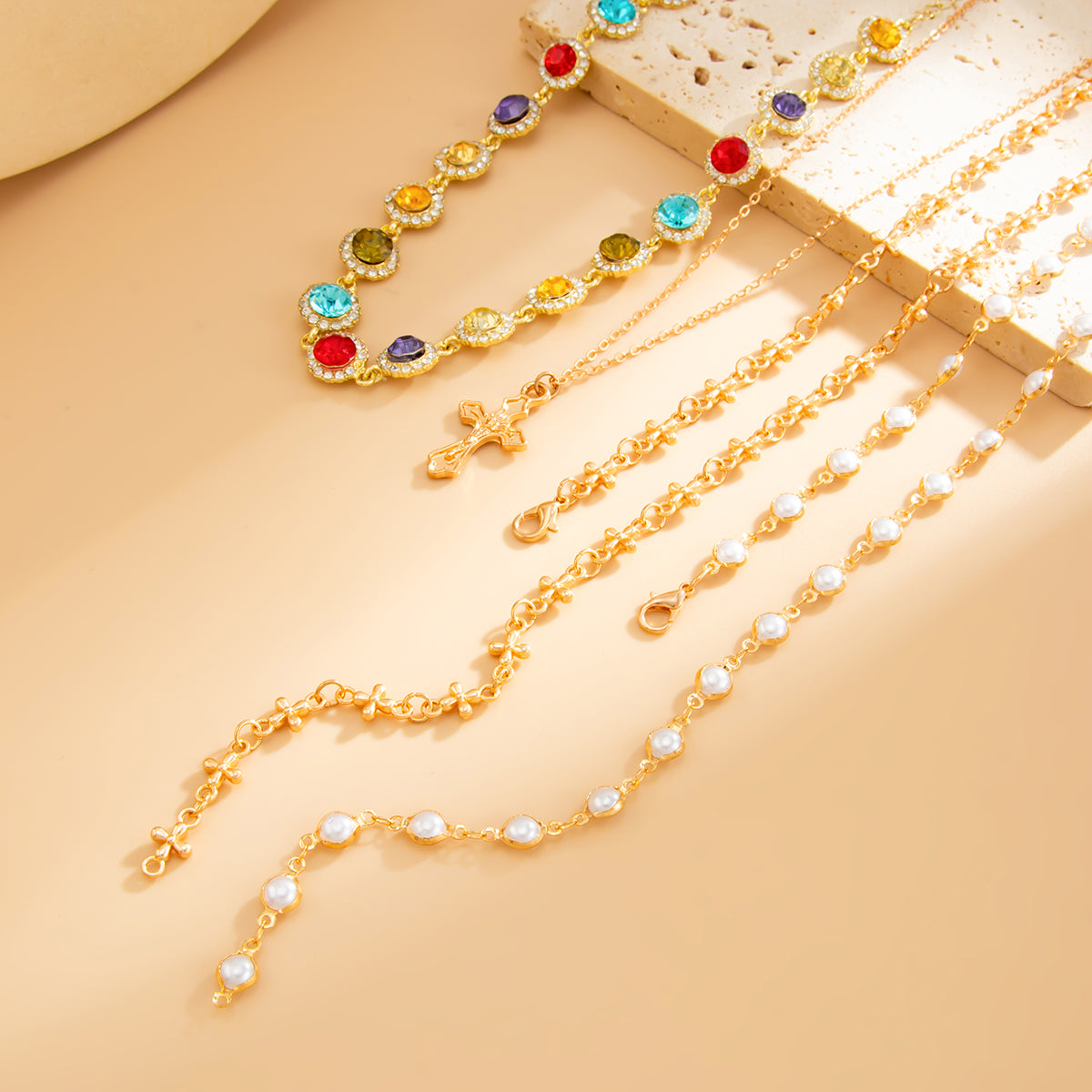 Multi-Colored Crystal and Cubic Zirconia  Pearl Goldtone Cross Lariat Necklace Set, gold pendant..., detail close-up
