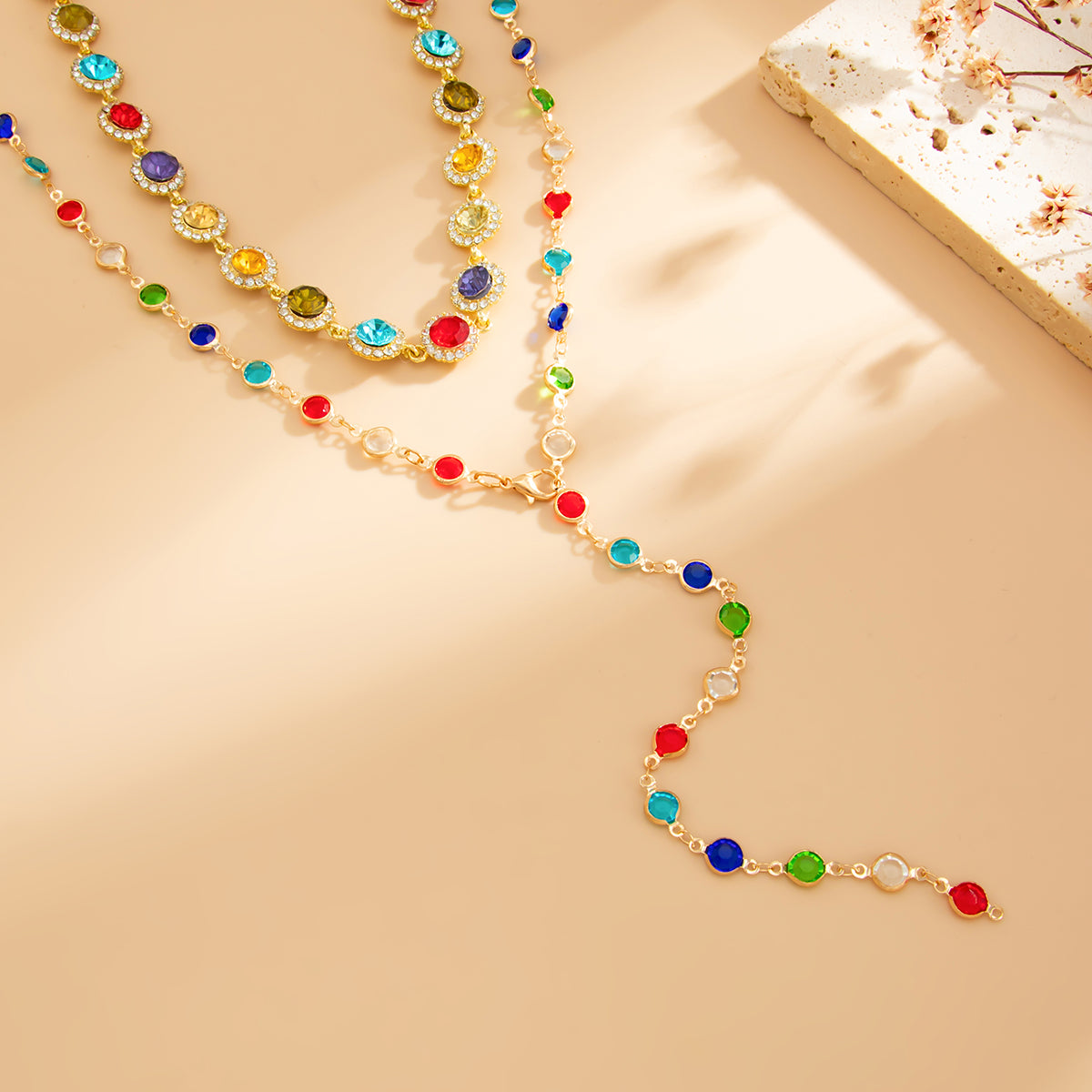 Multi-Colored Crystal and Cubic Zirconia Goldtone Lariat Necklace Set, gold pendant necklace for women, side view