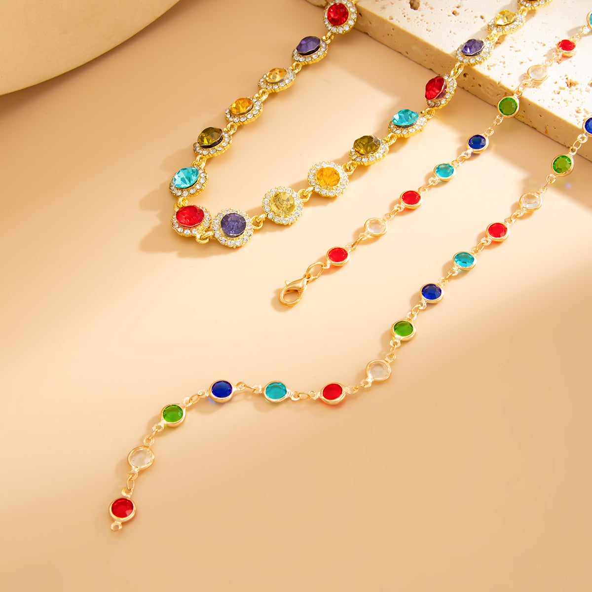 Multi-Colored Crystal and Cubic Zirconia Goldtone Lariat Necklace Set, gold pendant necklace for women, detail close-up