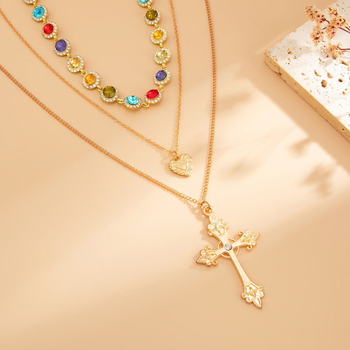 Multi-Colored Crystal and Cubic Zirconia Goldtone Heart Cross Pendant Necklace Set, gold pendant..., detail close-up
