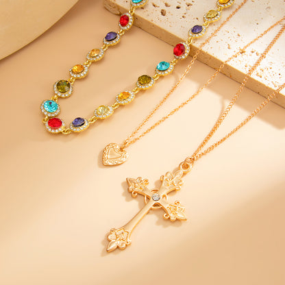 Multi-Colored Crystal and Cubic Zirconia Goldtone Heart Cross Pendant Necklace Set, gold pendant necklace for..., side view