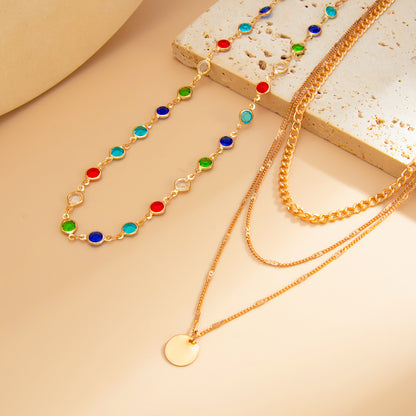 Multi-Colored Crystal and Goldtone Circular Pendant Layered Necklace Set, gold pendant necklace for women, side view