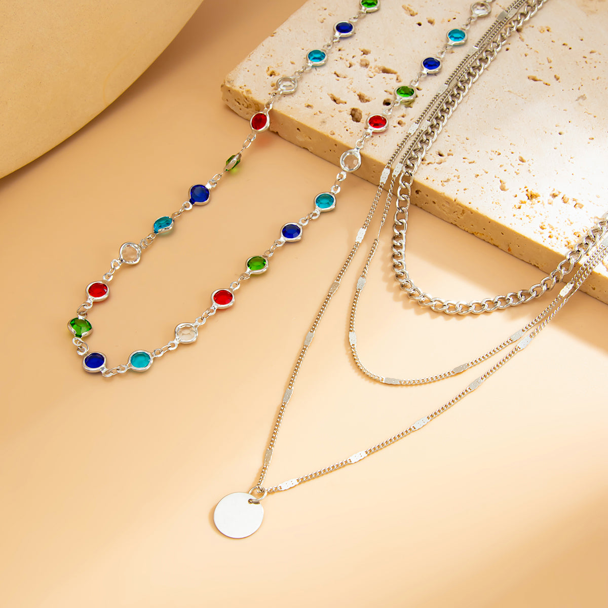Multi-Colored Crystal and Silvertone Circular Pendant Layered Necklace Set, silver pendant necklace for women, side view