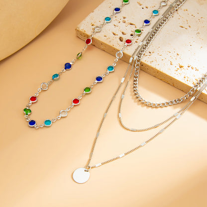 Multi-Colored Crystal and Silvertone Circular Pendant Layered Necklace Set, silver pendant necklace for women, side view
