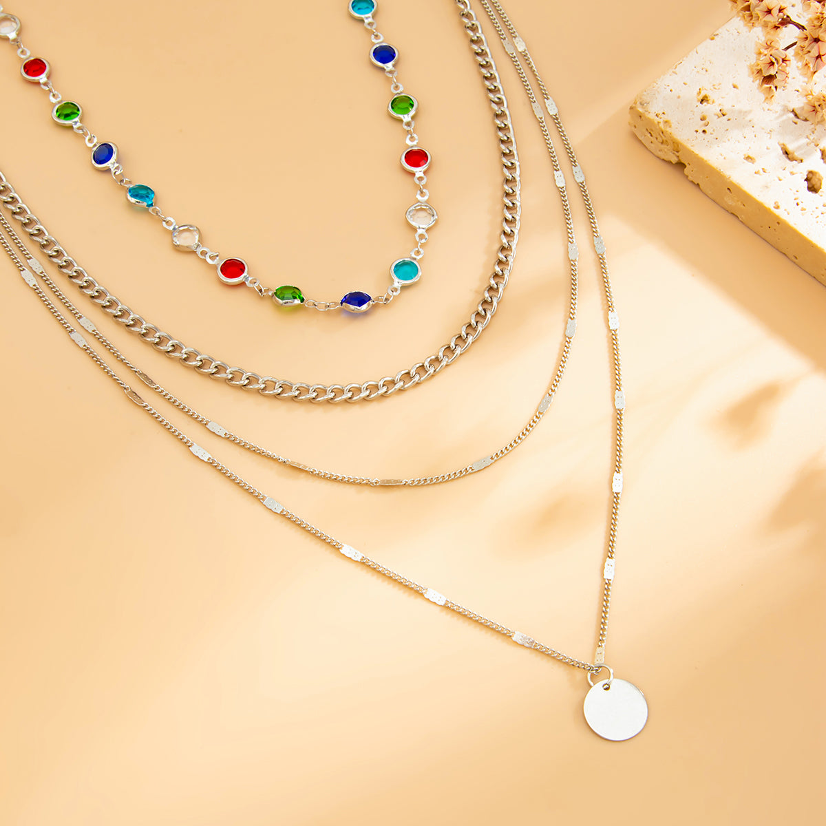 Multi-Colored Crystal and Silvertone Circular Pendant Layered Necklace Set, silver pendant necklace for..., detail close-up