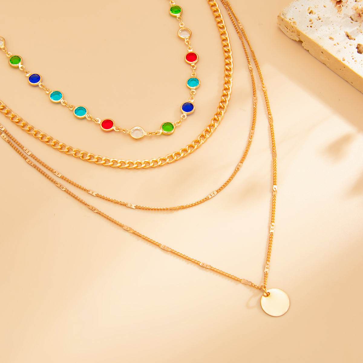 Multi-Colored Crystal and Goldtone Circular Pendant Layered Necklace Set, gold pendant necklace for women, detail close-up
