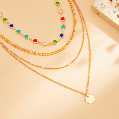 Multi-Colored Crystal and Goldtone Circular Pendant Layered Necklace Set, gold pendant necklace for women, detail close-up
