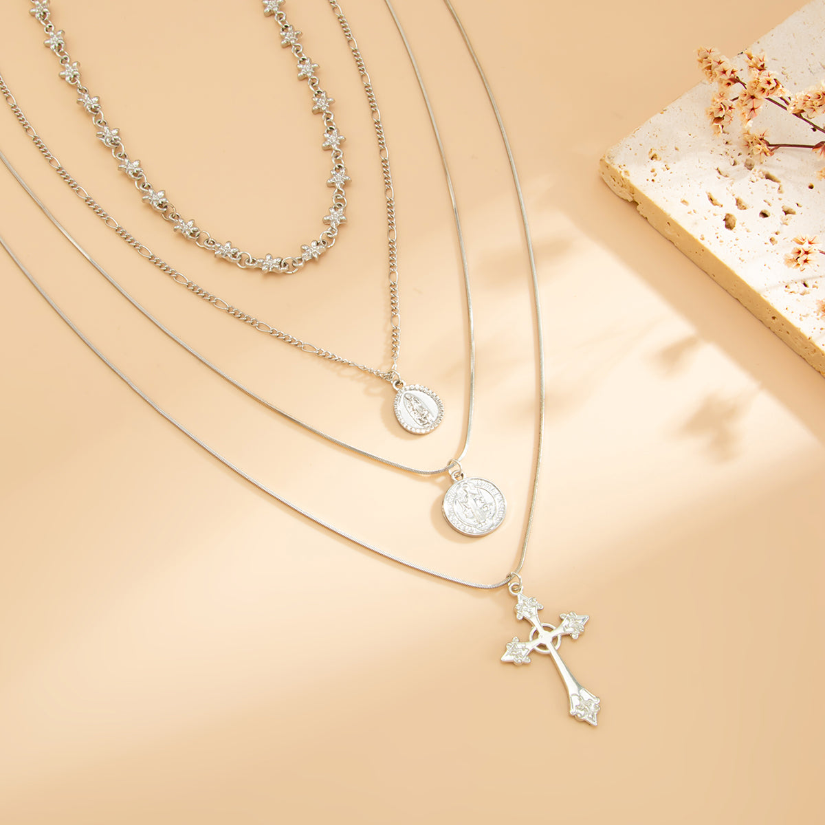 Silvertone Flower Station Coin Cross Pendant Necklace Set, silver pendant necklace for women, botanical inspired, side view