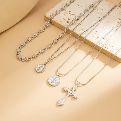 Silvertone Flower Station Coin Cross Pendant Necklace Set, silver pendant necklace for women, detail close-up