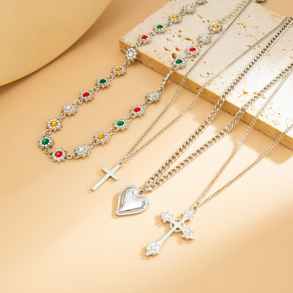 Multi-Colored Cubic Zirconia and Silvertone Flower Station Heart Cross Pendant Necklace Set, silver pendant..., side view