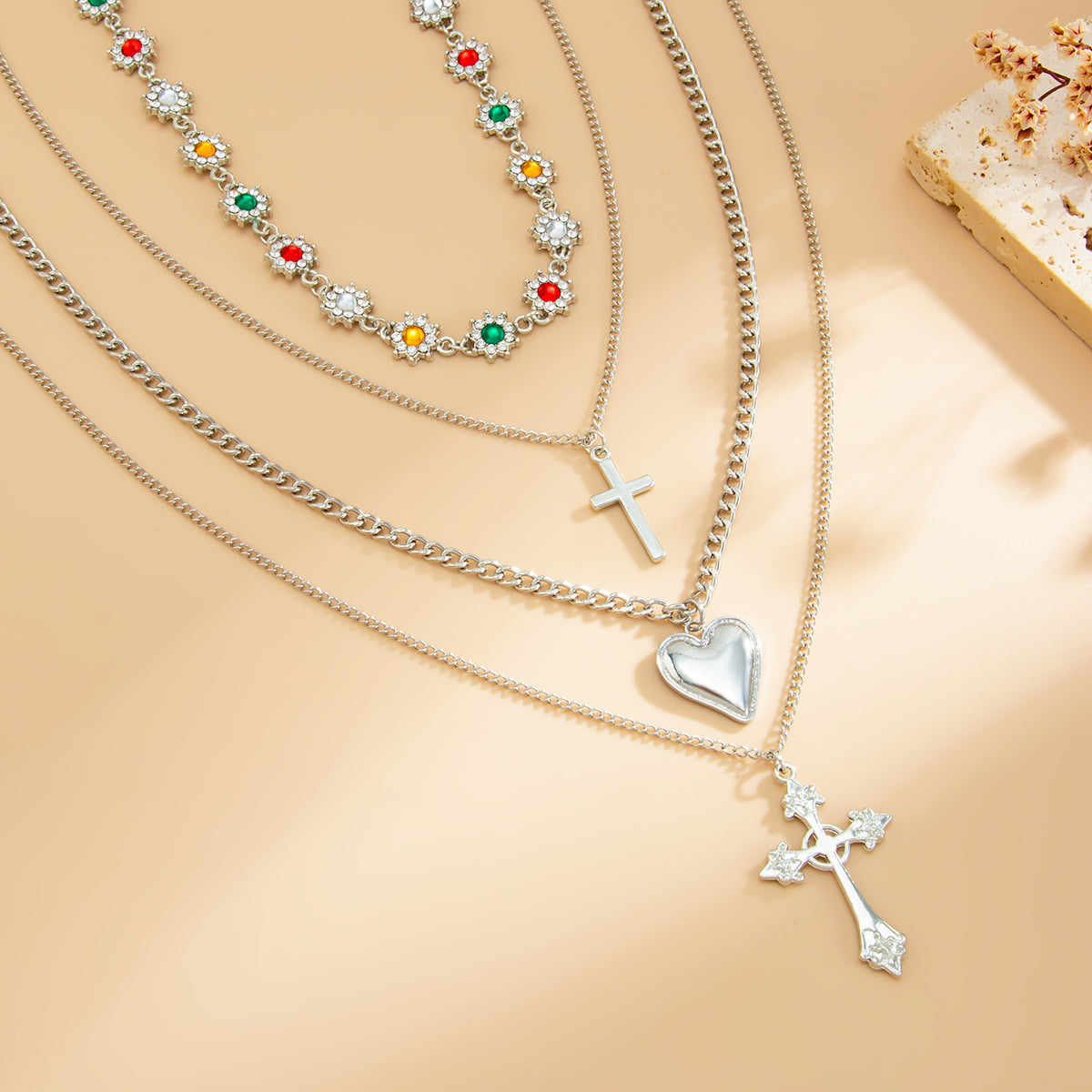 Multi-Colored Cubic Zirconia and Silvertone Flower Station Heart Cross Pendant Necklace Set, silver..., detail close-up