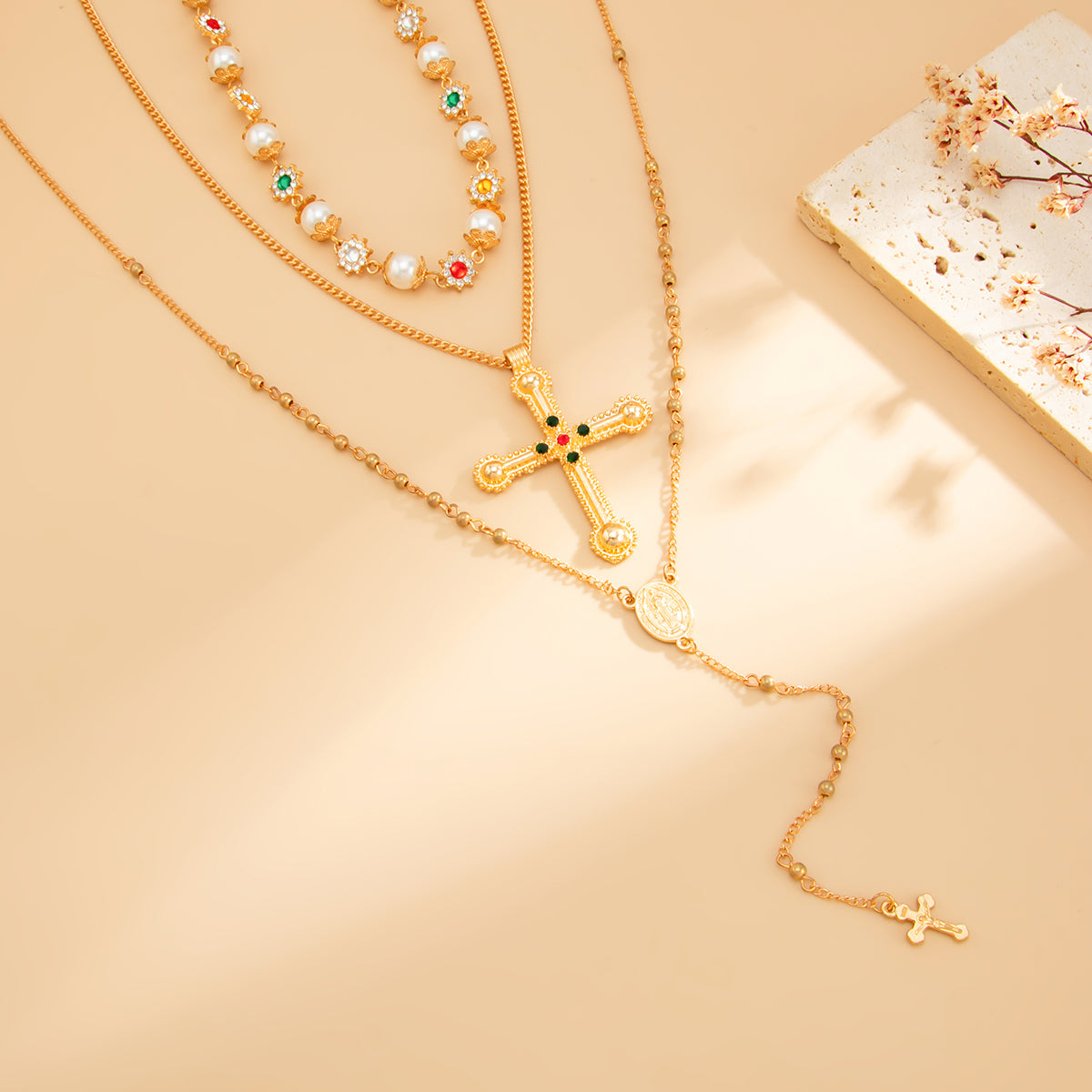 Pearl and Cubic Zirconia Goldtone Flower Station Cross Pendant Necklace Set, gold pendant necklace for women, side view