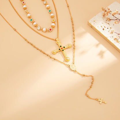 Pearl and Cubic Zirconia Goldtone Flower Station Cross Pendant Necklace Set, gold pendant necklace for women, side view