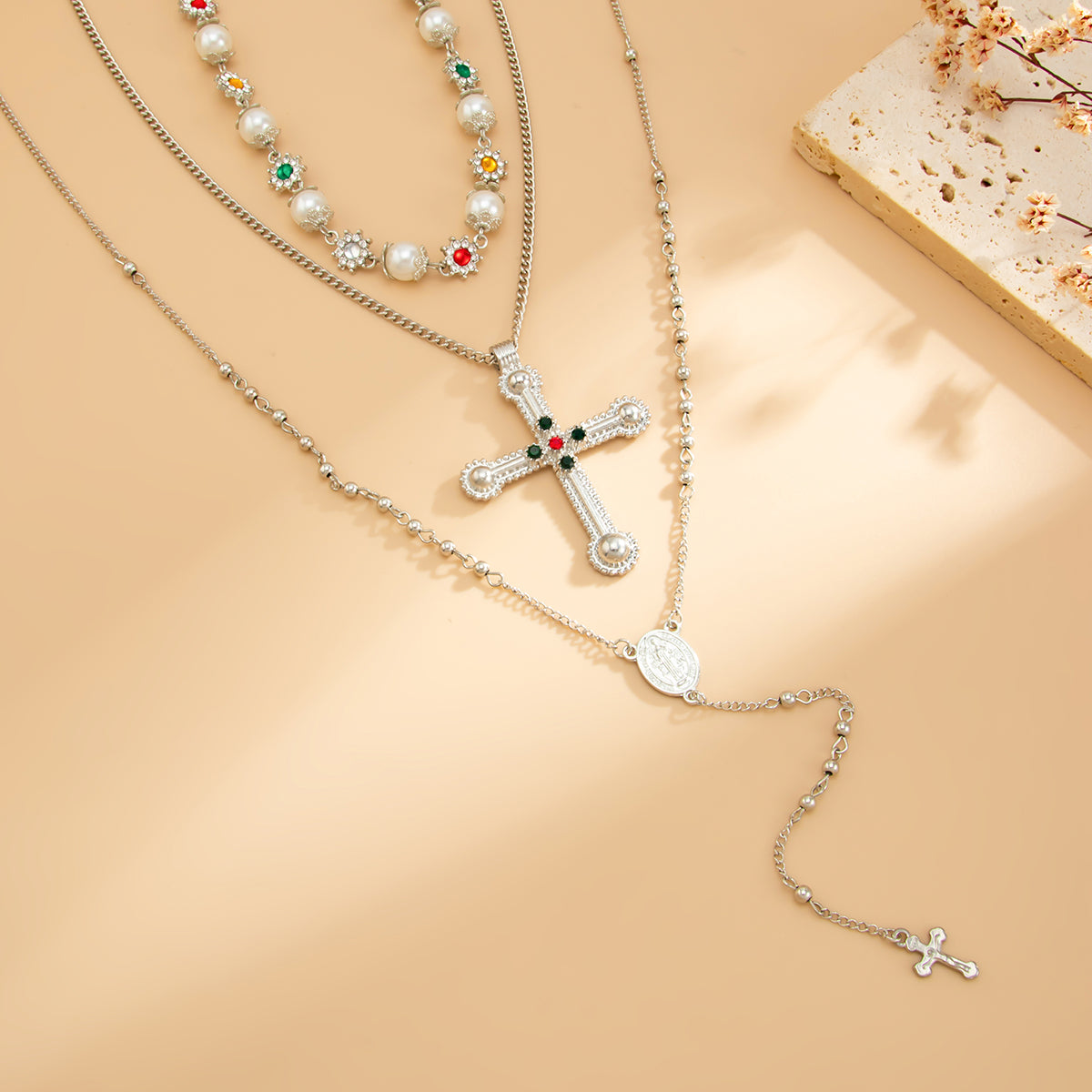 Pearl and Cubic Zirconia Silvertone Flower Station Cross Pendant Necklace Set, silver pendant necklace for women, side view