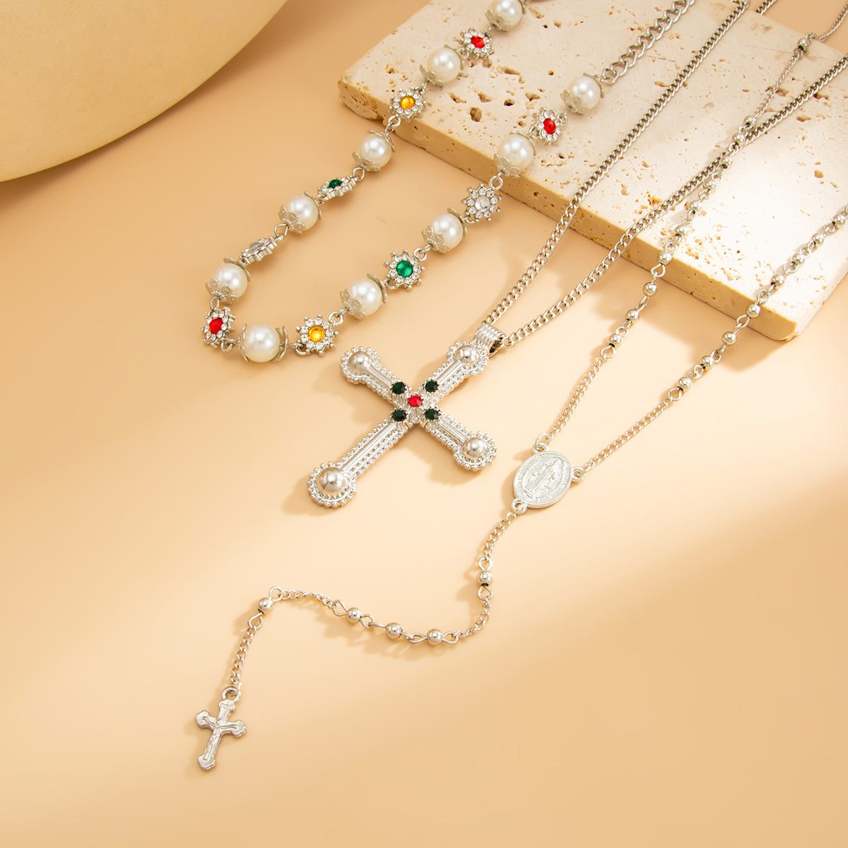 Pearl and Cubic Zirconia Silvertone Flower Station Cross Pendant Necklace Set, silver pendant necklace..., detail close-up