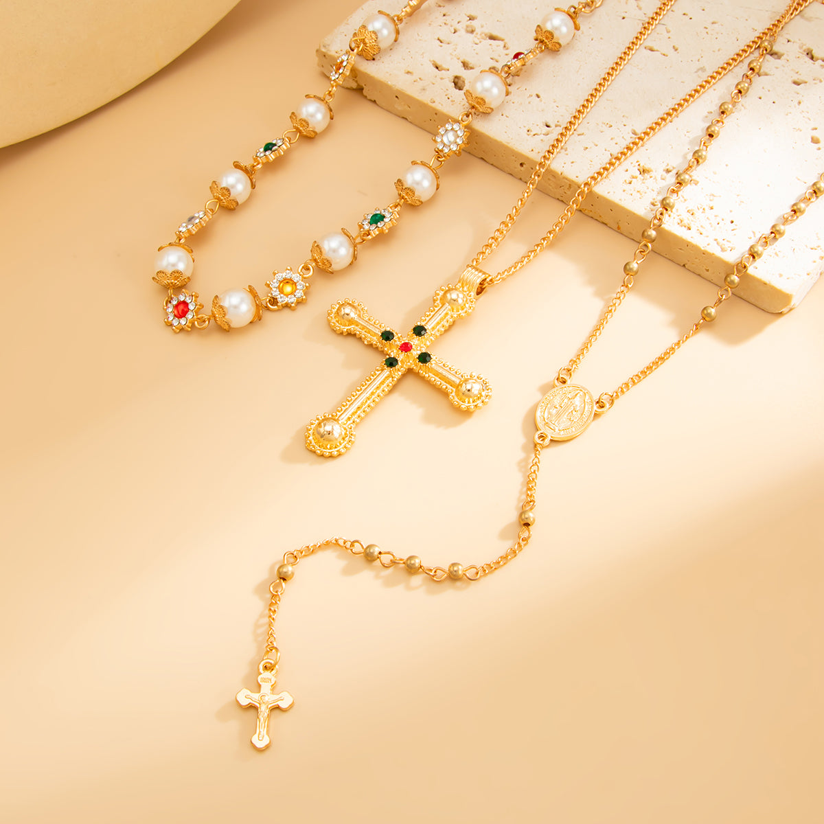 Pearl and Cubic Zirconia Goldtone Flower Station Cross Pendant Necklace Set, gold pendant necklace for women, detail close-up