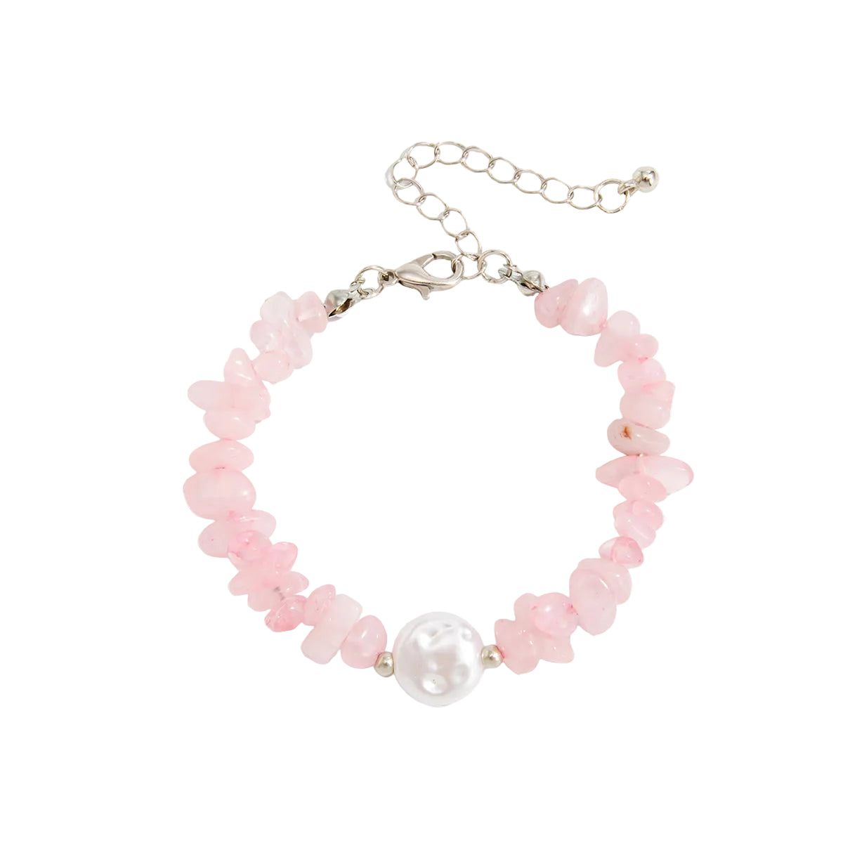 Pink Quartz and Baroque Pearl Silvertone Beads Chain Bracelet, silver bracelet for women, botanical inspired, front view