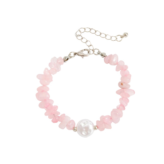 Pink Quartz and Baroque Pearl Silvertone Beads Chain Bracelet, silver bracelet for women, front view