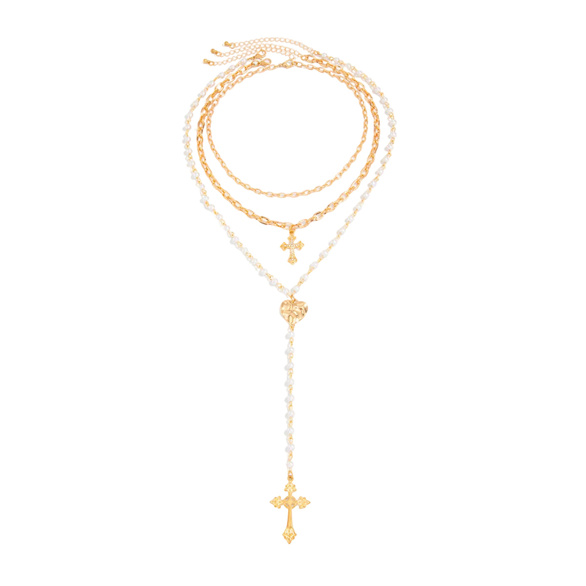 Pearl & Cubic Zirconia Goldtone Hammered Heart Cross Drop Necklace Set