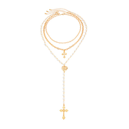 Pearl & Cubic Zirconia Goldtone Hammered Heart Cross Drop Necklace Set