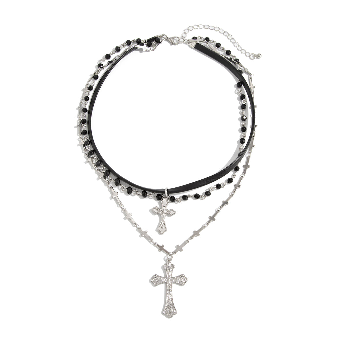 Black Polyurethane and Acrylic Silvertone Cross Pendant Layered Necklace, botanical inspired, front view