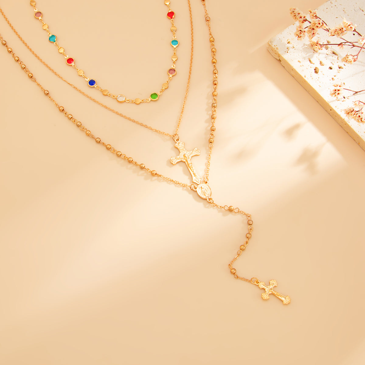 Multi-Colored Crystal and Goldtone Beads Chain Cross Drop Necklace Set, gold pendant necklace for women, side view