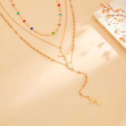 Multi-Colored Crystal and Goldtone Beads Chain Cross Drop Necklace Set, gold pendant necklace for women, side view