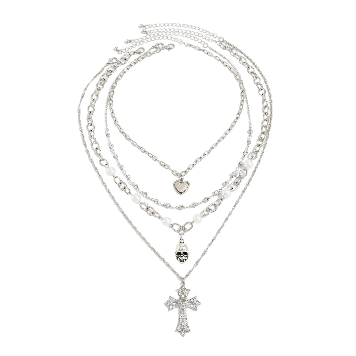 Pearl & Cubic Zirconia Enamel Silvertone Heart Skull Cross Pendant Necklace Set