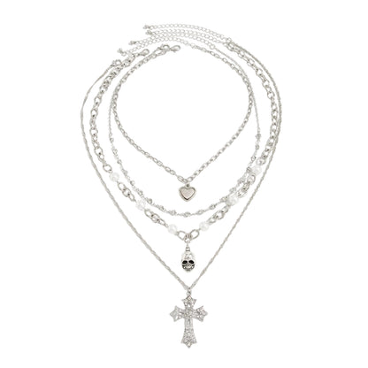 Pearl & Cubic Zirconia Enamel Silvertone Heart Skull Cross Pendant Necklace Set