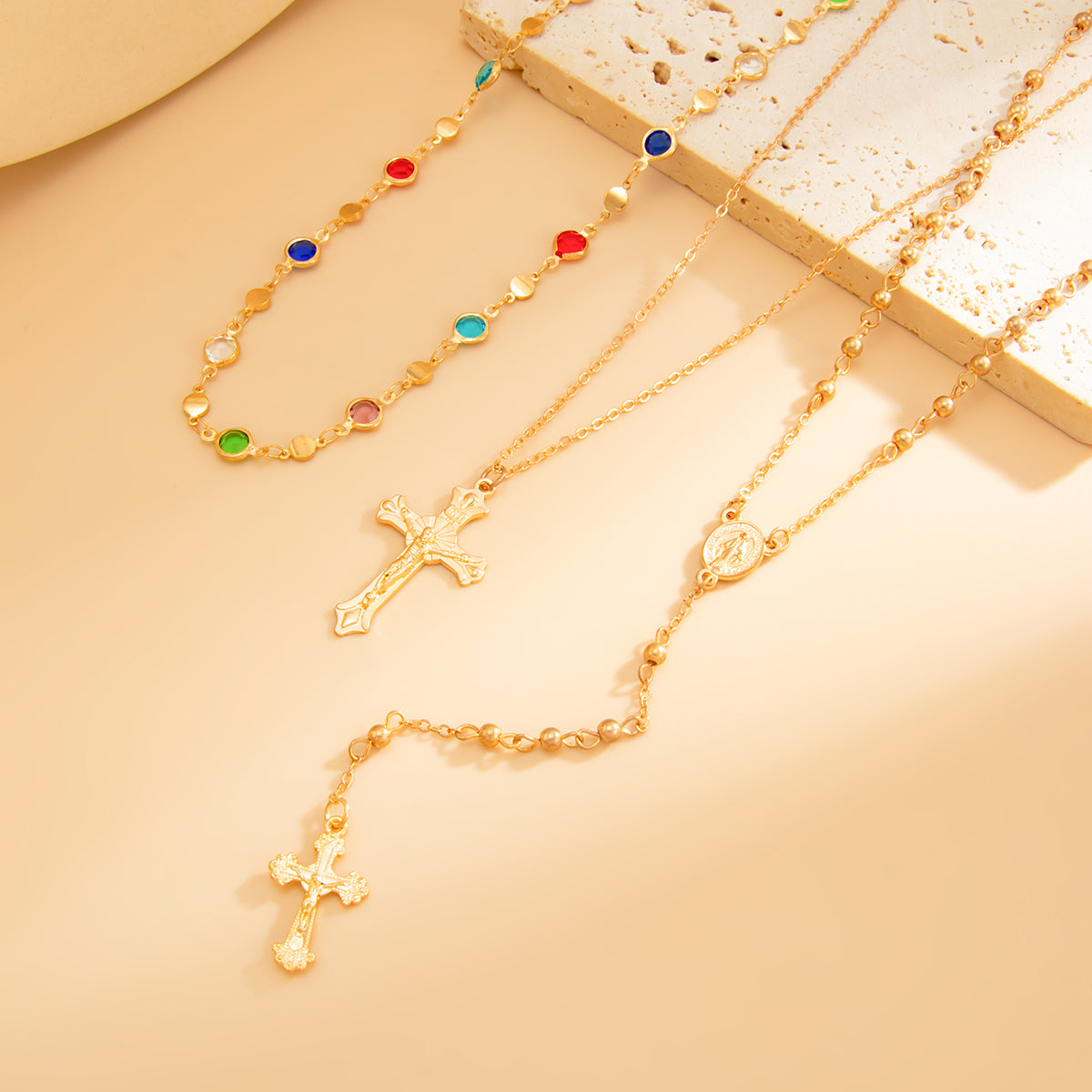 Multi-Colored Crystal and Goldtone Beads Chain Cross Drop Necklace Set, gold pendant necklace for women, detail close-up