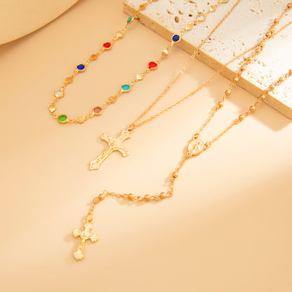 Multi-Colored Crystal and Goldtone Beads Chain Cross Drop Necklace Set, gold pendant necklace for women, detail close-up