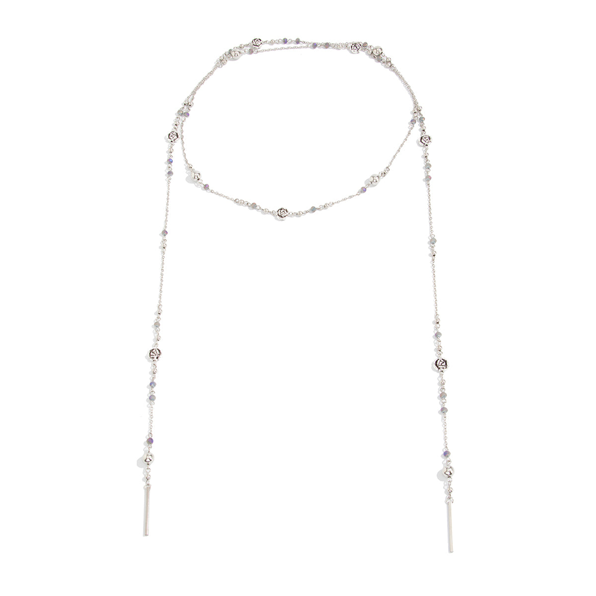 Acrylic and Silvertone Bead Rose Station Long Necklace, everyday style, front view