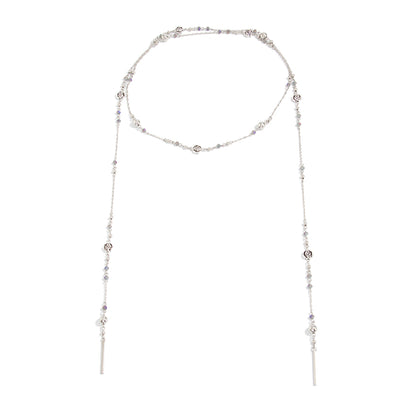 Acrylic and Silvertone Bead Rose Station Long Necklace, everyday style, front view