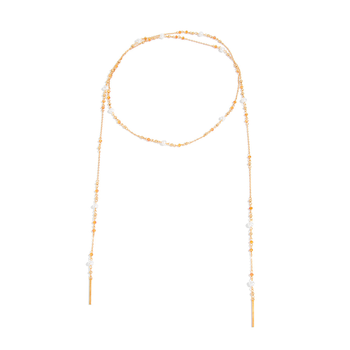 Pearl and Goldtone Beaded Chain Bar Long Necklace, dainty minimalist design, front view