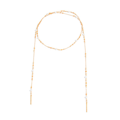 Pearl and Goldtone Beaded Chain Bar Long Necklace, dainty minimalist design, front view