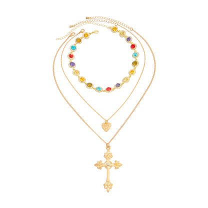 Multi-Colored Crystal and Cubic Zirconia Goldtone Heart Cross Pendant Necklace Set, gold pendant necklace for..., front view