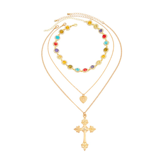 Multi-Colored Crystal and Cubic Zirconia Goldtone Heart Cross Pendant Necklace Set, gold pendant necklace for..., front view