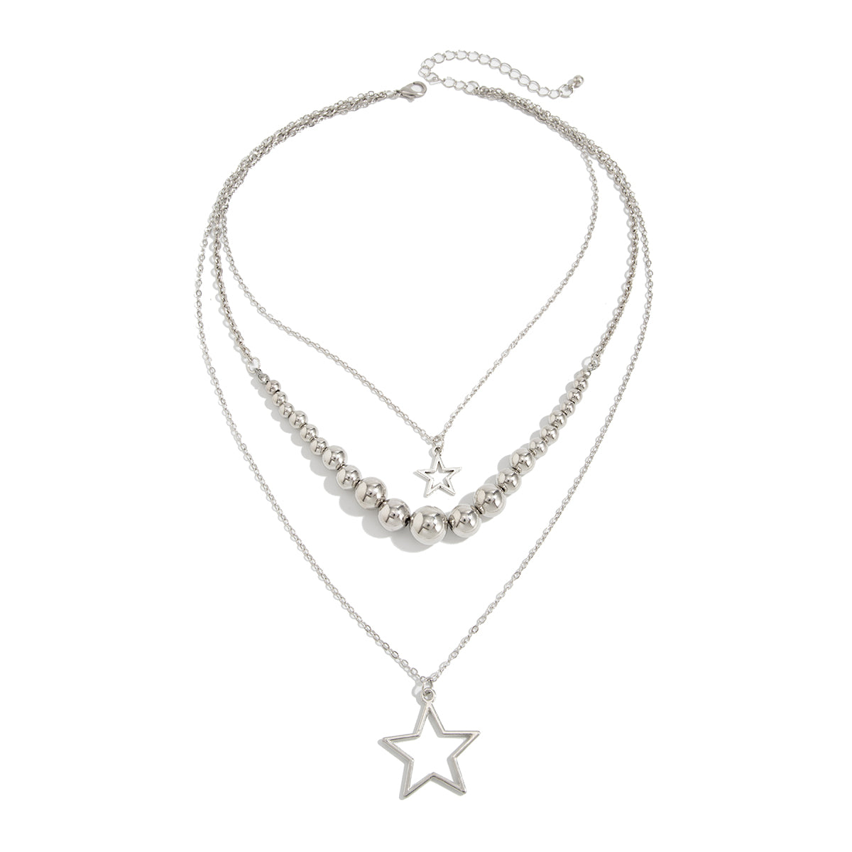 Silvertone Graduated Beaded Chain Open Star Pendant Layered Necklace, elegant gift for her, front view