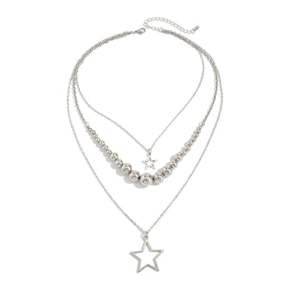 Silvertone Graduated Beaded Chain Open Star Pendant Layered Necklace, elegant gift for her, front view