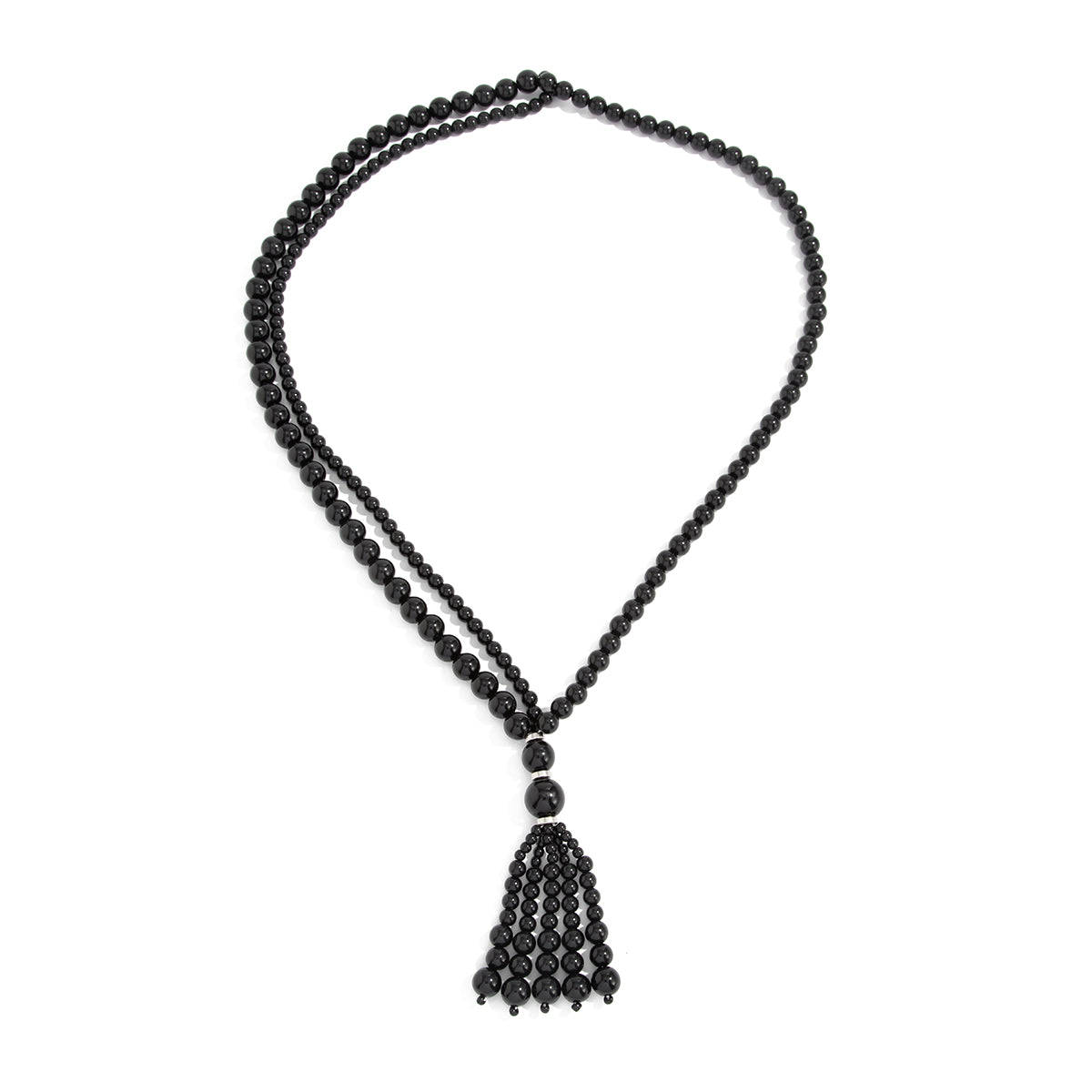 Black Resin and Silvertone Graduated Bead Tassel Layered Necklace, dainty minimalist design, front view