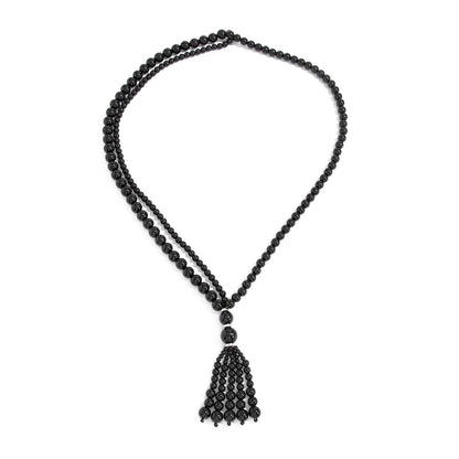 Black Resin and Silvertone Graduated Bead Tassel Layered Necklace, dainty minimalist design, front view