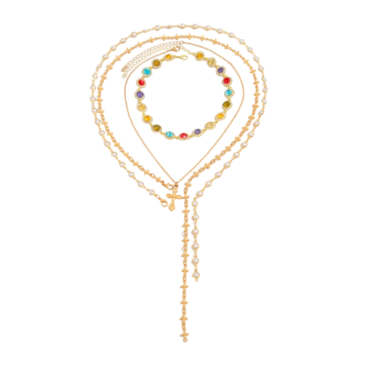 Multi-Colored Crystal and Cubic Zirconia  Pearl Goldtone Cross Lariat Necklace Set, gold pendant necklace for..., front view