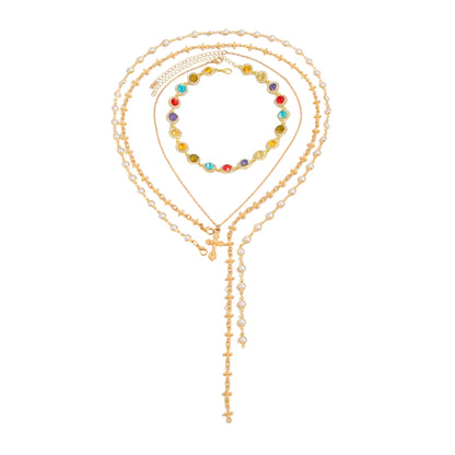 Multi-Colored Crystal and Cubic Zirconia  Pearl Goldtone Cross Lariat Necklace Set, gold pendant necklace for..., front view