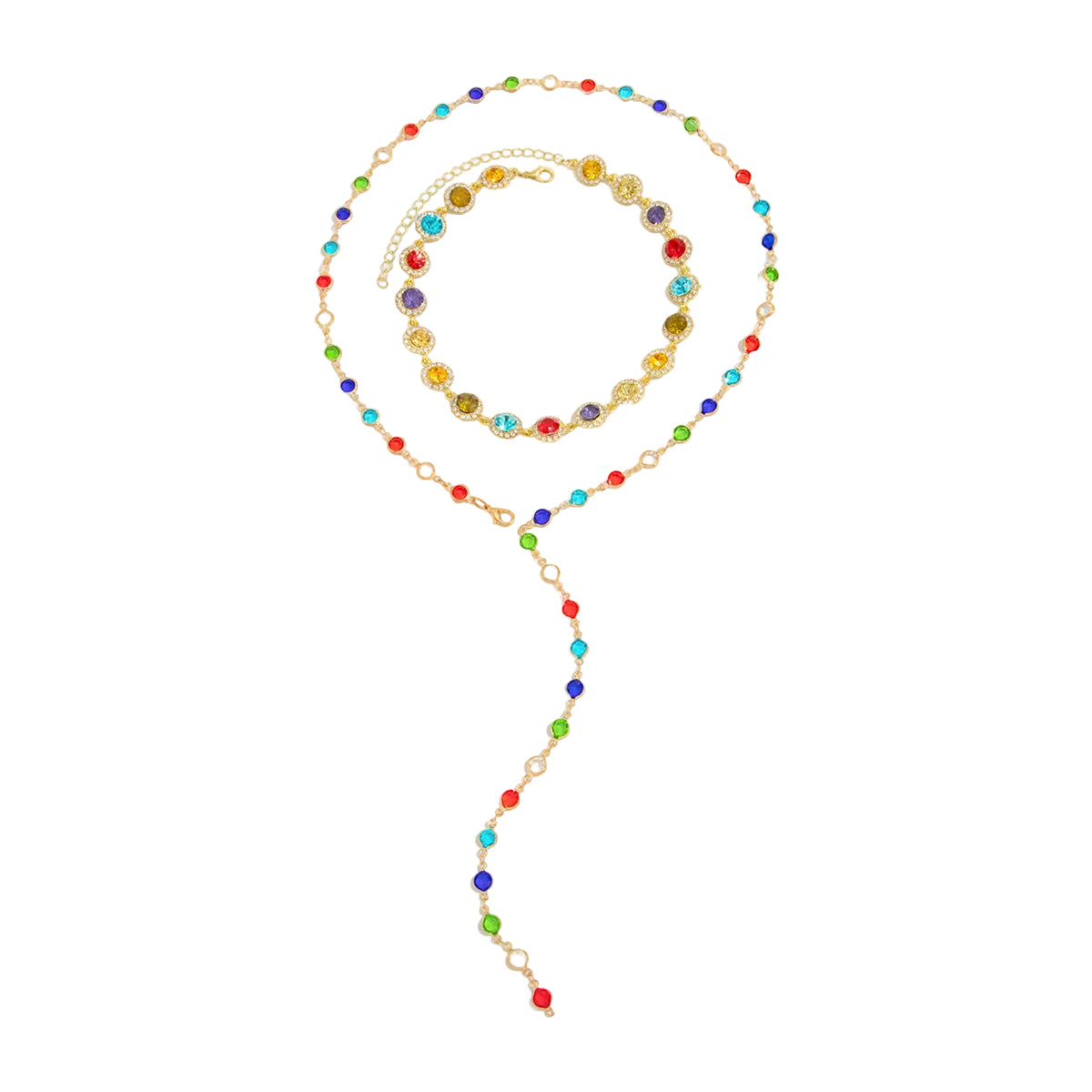 Multi-Colored Crystal and Cubic Zirconia Goldtone Lariat Necklace Set, gold pendant necklace for women, front view