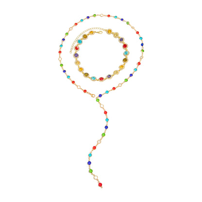 Multi-Colored Crystal and Cubic Zirconia Goldtone Lariat Necklace Set, gold pendant necklace for women, front view
