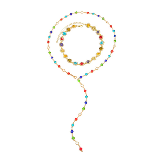 Multi-Colored Crystal and Cubic Zirconia Goldtone Lariat Necklace Set, gold pendant necklace for women, front view