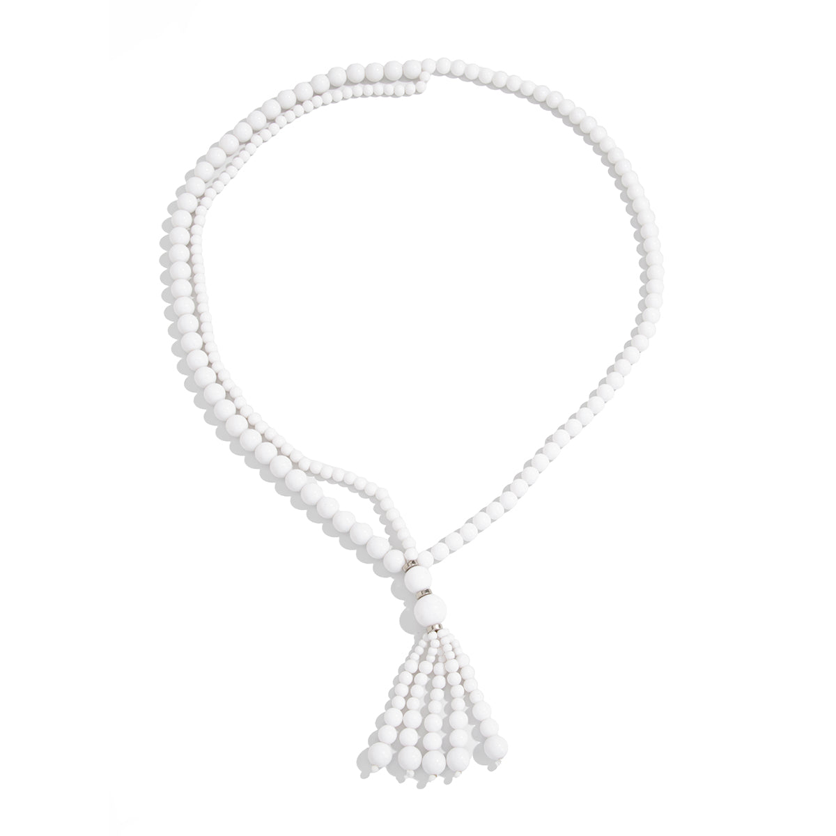 White Resin and Silvertone Graduated Bead Tassel Layered Necklace, vintage-inspired design, front view