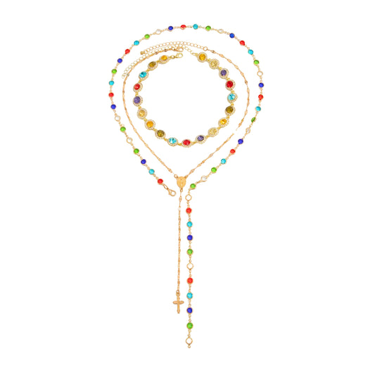 Multi-Colored Crystal and Cubic Zirconia Goldtone Beads Cross Drop Necklace Set, gold pendant necklace for women, front view