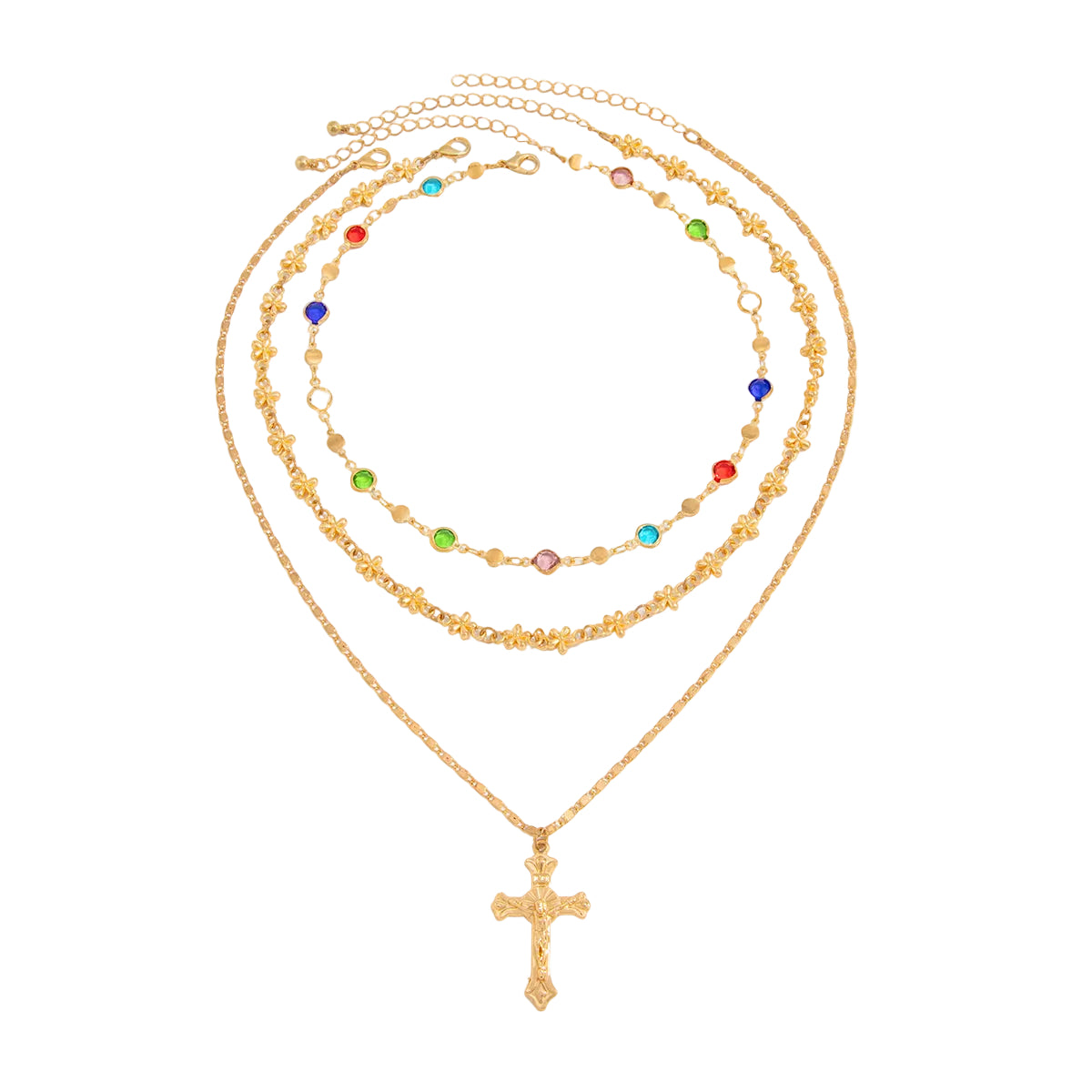 Multi-Colored Crystal and Goldtone Station Chain Cross Pendant Necklace Set, gold pendant necklace for women, front view